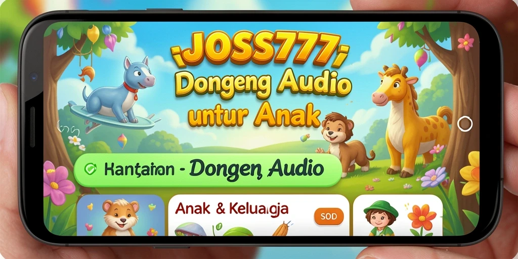 Antarmuka aplikasi JOSS777 untuk Dongeng Audio yang menarik dan ramah anak.